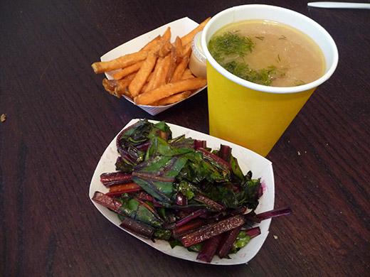 Beet greens, sweet potato fries and potato soup from the Gastrobus Photo by Oliver Seldman