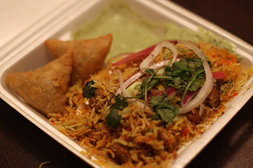 Biryani and samosas from the No Tomatoes truck Biryani and samosas from the No Tomatoes truck